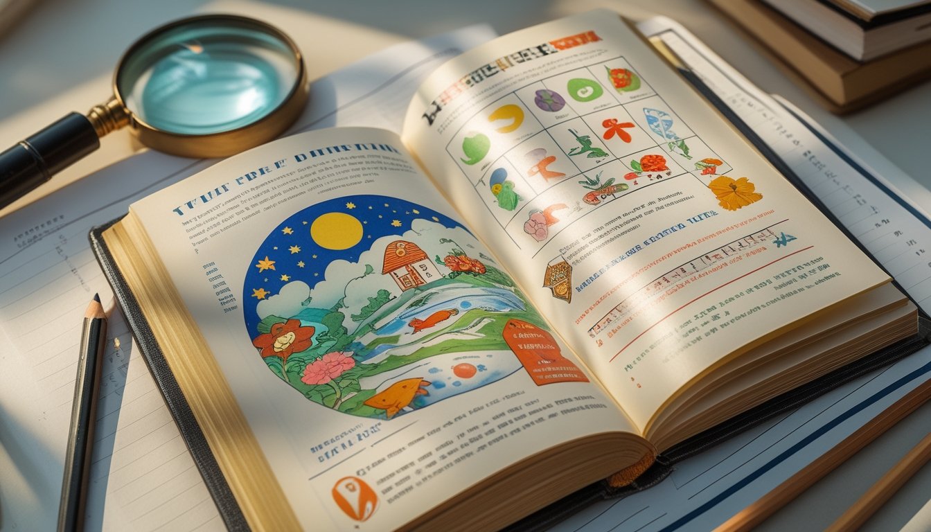 Buku bergambar terbuka di atas meja dengan berbagai simbol seperti bulan, kupu-kupu, ikan, rumah, pohon, bunga, burung, dan bintang.