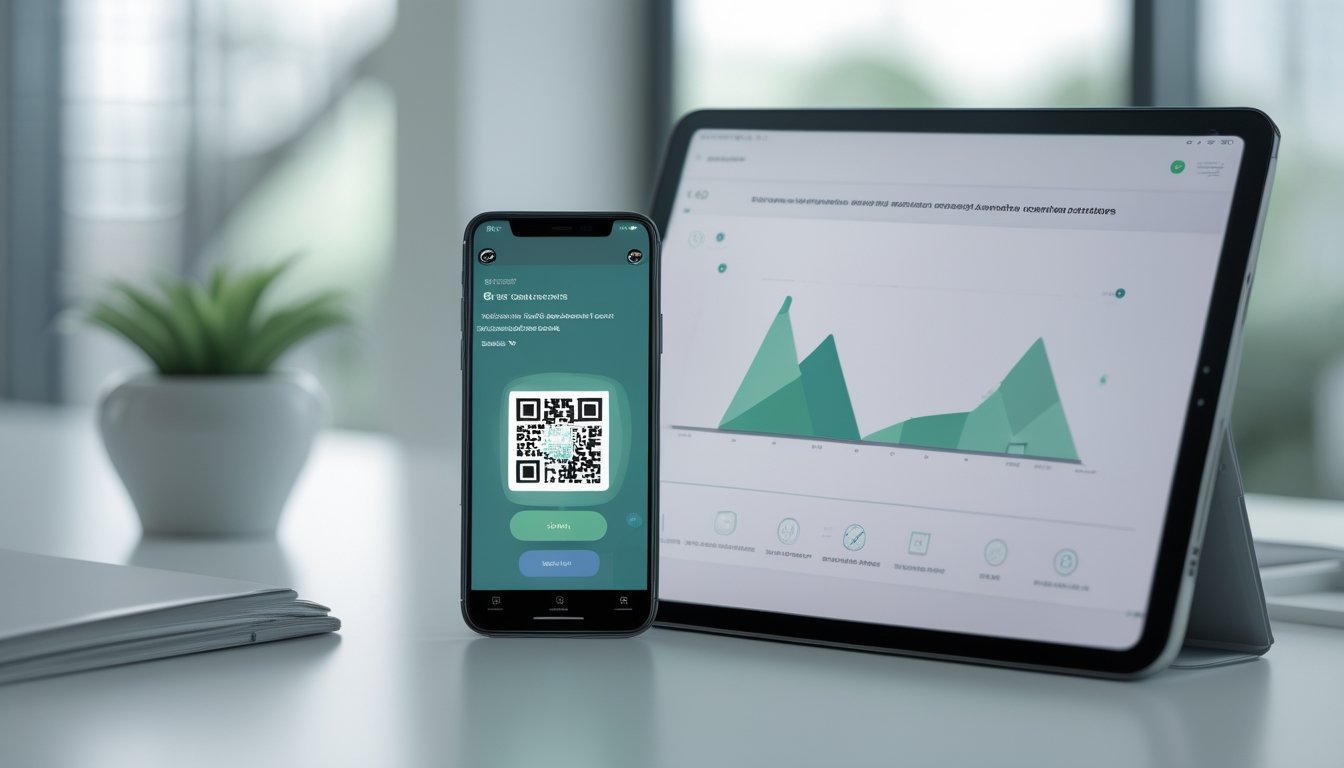 Ponsel dengan antarmuka pembayaran QR dan tablet berisi dasbor transaksi di atas meja kerja.
