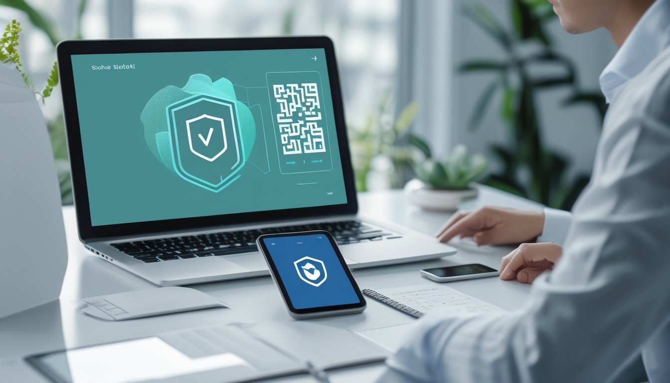 Seorang profesional memeriksa pembayaran digital yang aman melalui laptop dan ponsel di meja kerja.