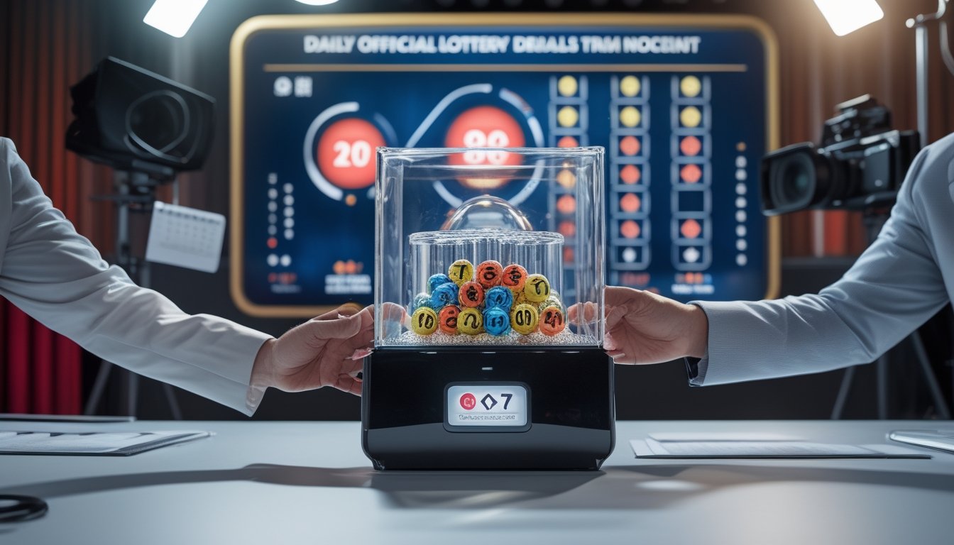 Mesin pengundian bola bernomor di studio siaran dengan kalender dan kamera di latar belakang.