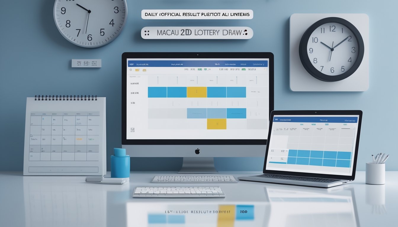 Meja kerja dengan kalender digital, jam dinding, dan perangkat elektronik yang menampilkan pembaruan hasil secara terjadwal.