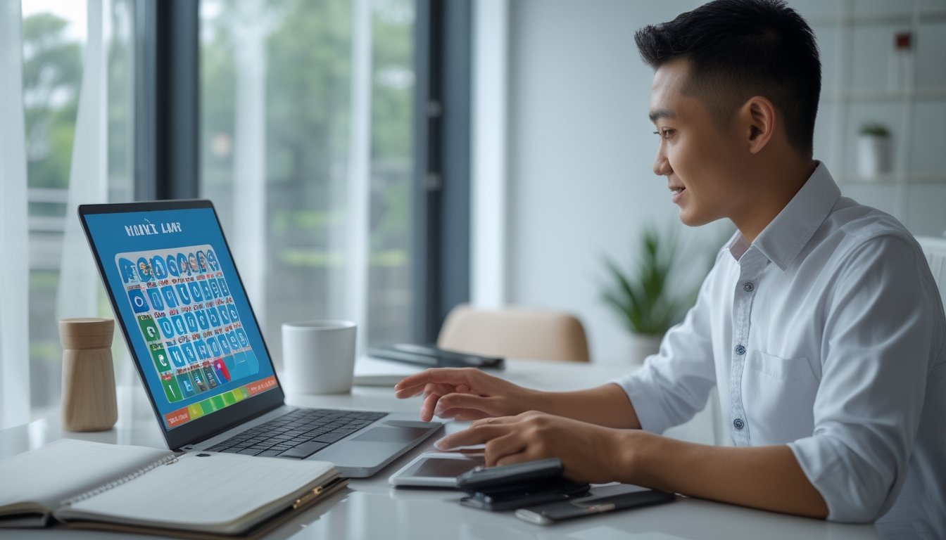 Seorang pemula menggunakan laptop untuk mempelajari permainan angka secara online di meja kerja yang rapi.