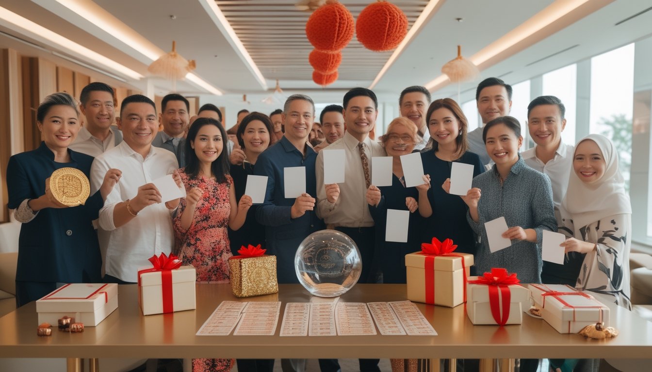 Sekelompok orang dewasa Indonesia merayakan hadiah di ruang modern dengan kotak hadiah berwarna emas.