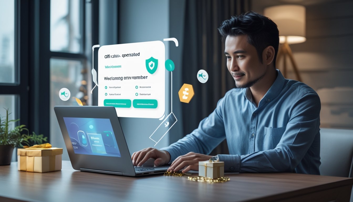 Orang dewasa menggunakan laptop di ruang kerja modern dengan simbol keamanan dan hadiah sambutan.