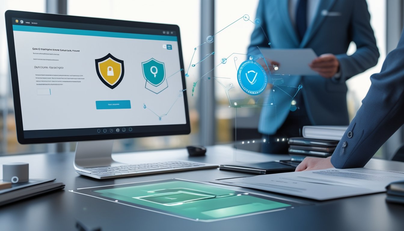 Tim profesional memeriksa keamanan digital dan dokumen legalitas di ruang kerja modern.