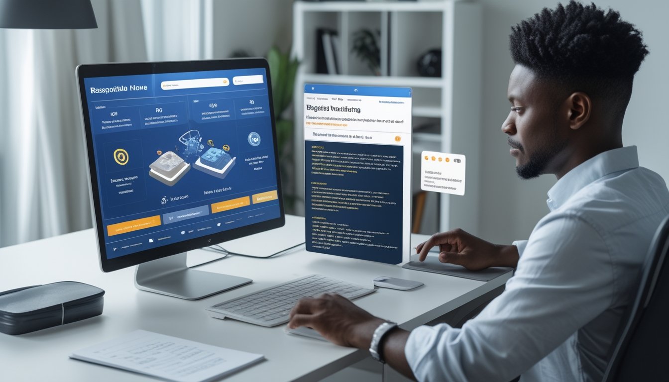 Orang dewasa menggunakan laptop untuk mengakses platform hiburan daring dengan suasana kantor rumah yang aman dan tertata.