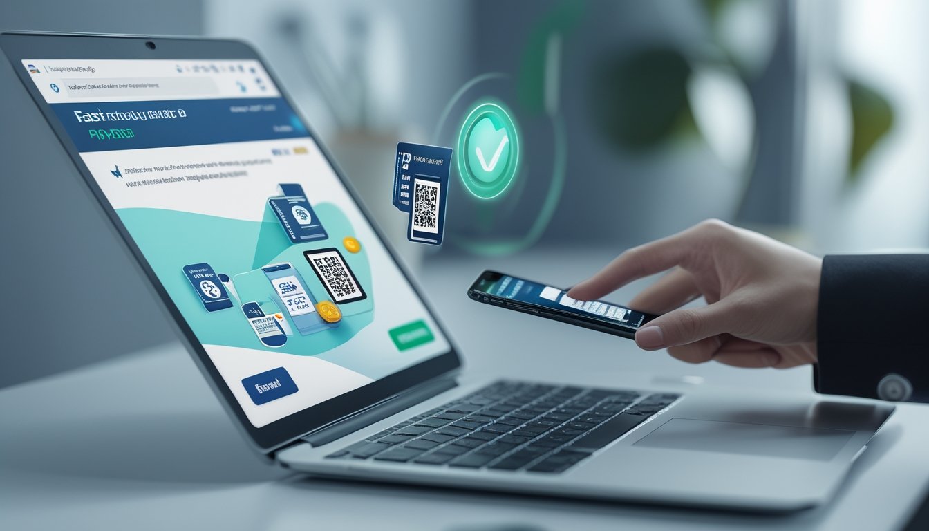 Tangan melakukan pembayaran digital melalui ponsel di samping laptop.