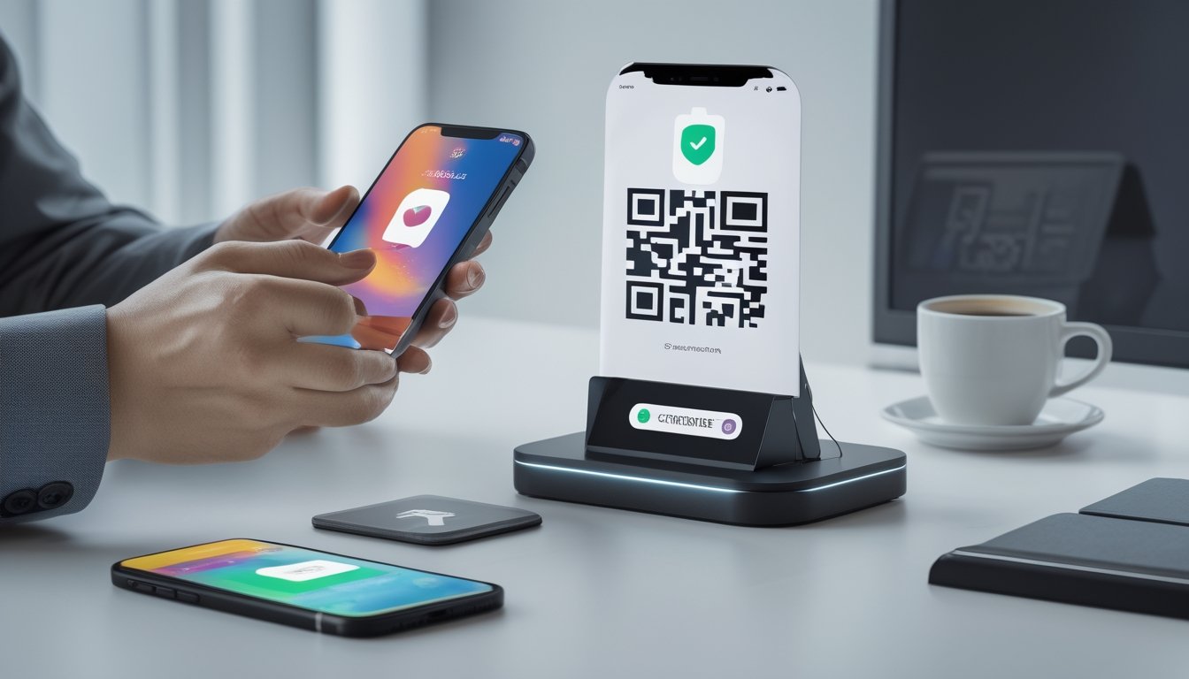 Tangan menggunakan ponsel untuk melakukan pembayaran melalui kode QR di meja kerja.