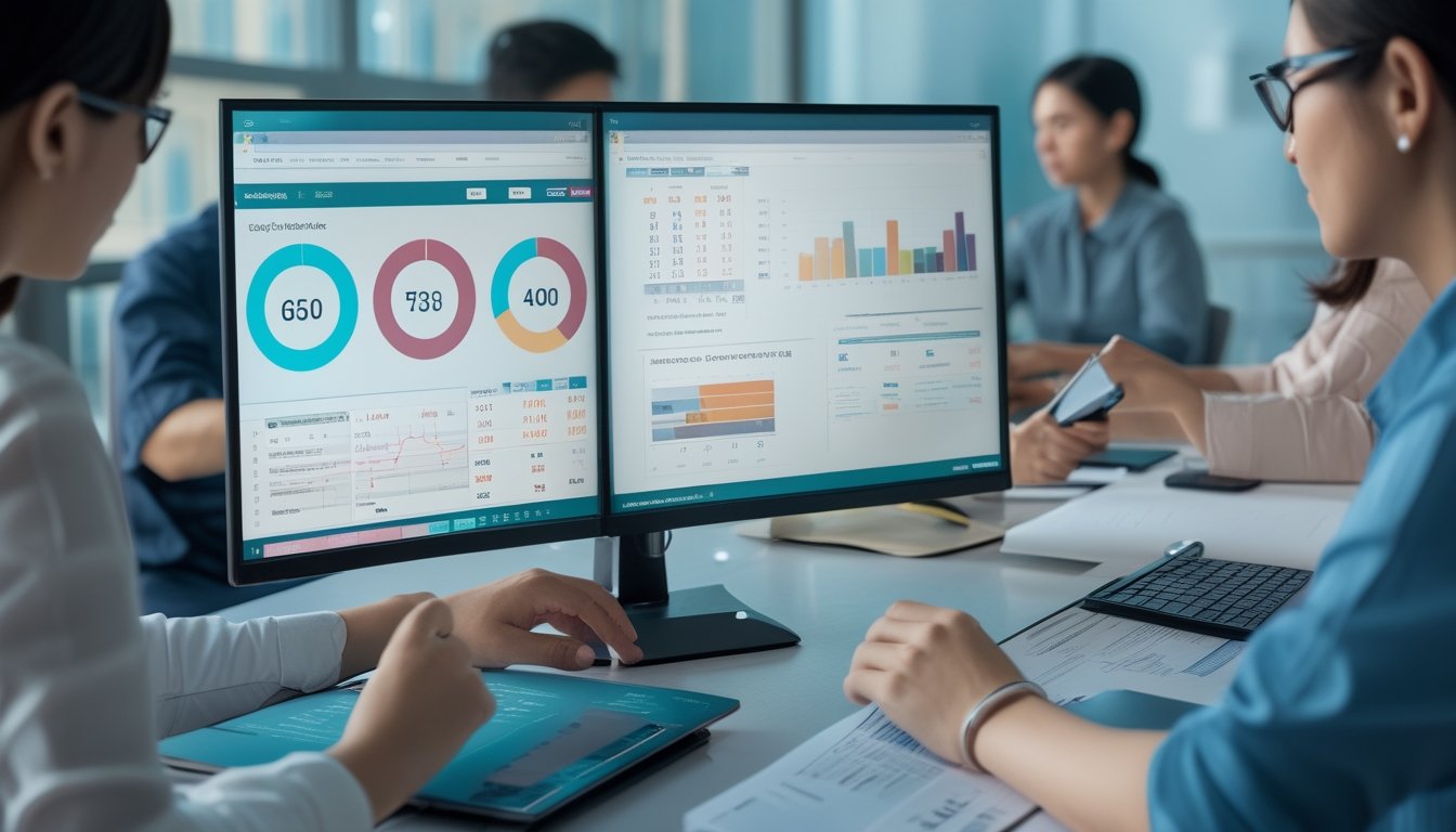 Sekelompok orang dewasa menganalisis grafik angka dan data pada laptop di ruang kerja modern.