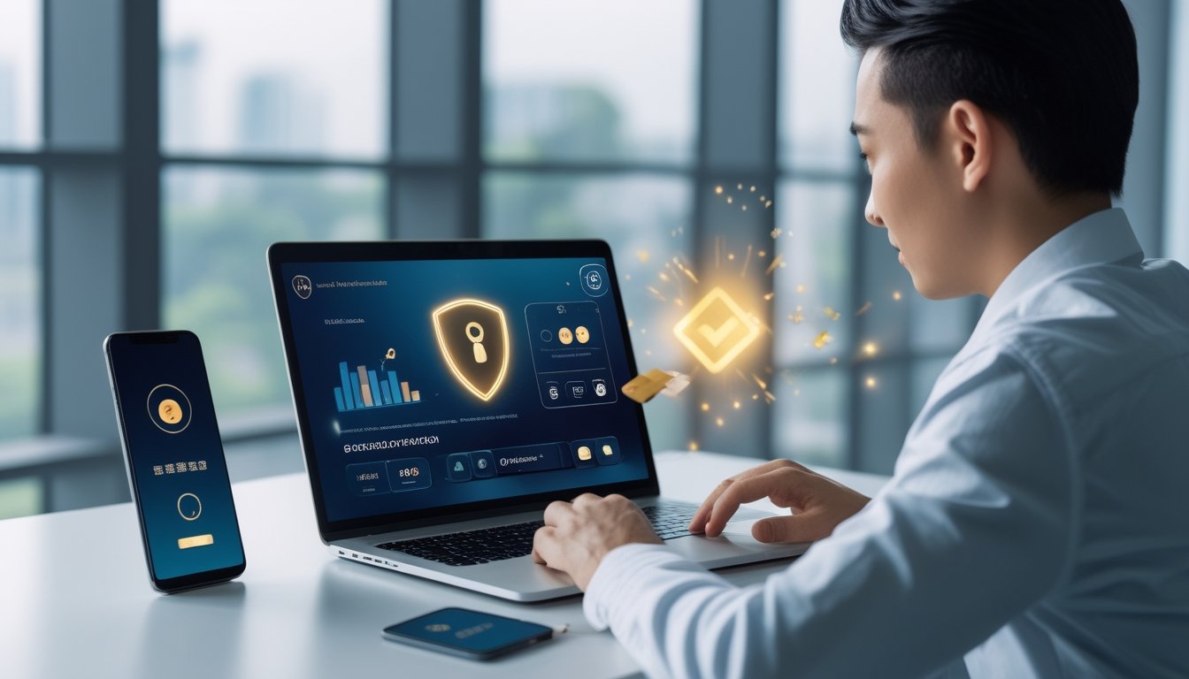 Seorang profesional menggunakan laptop dengan tampilan dasbor aman dan simbol verifikasi di meja kerja modern.