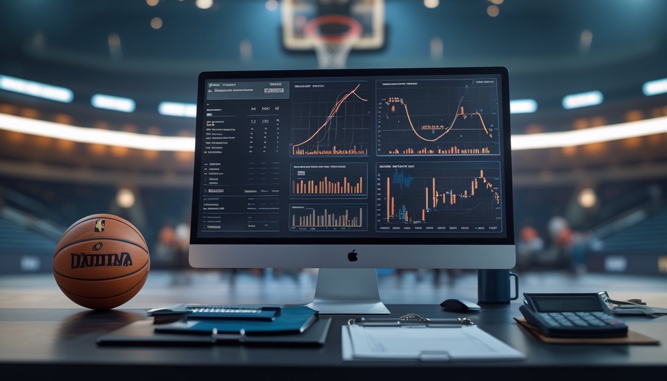 Meja kerja analisis olahraga dengan monitor berisi grafik statistik abstrak, bola basket, kalkulator, dan lapangan basket yang tampak samar di latar belakang.