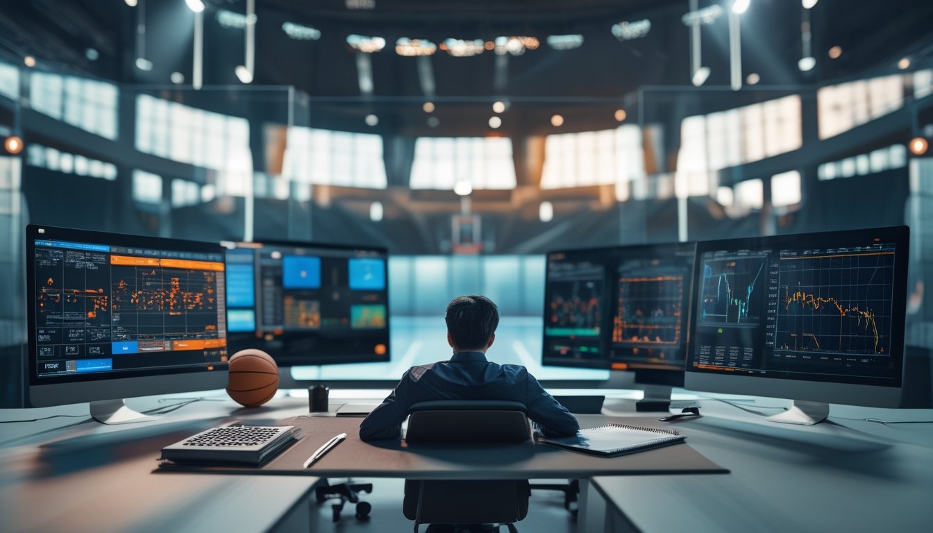Seorang analis memeriksa data pertandingan bola basket di ruang kerja dengan arena basket terlihat di latar belakang.