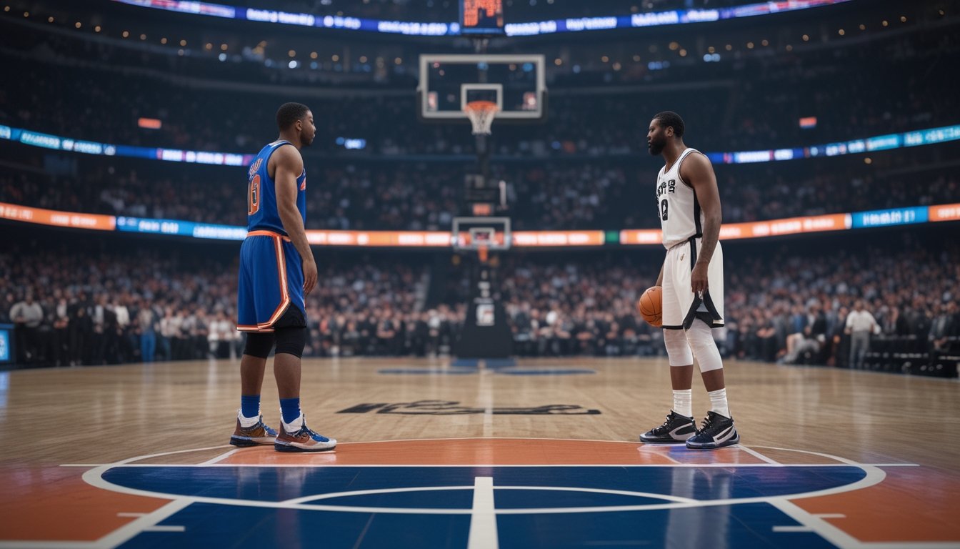 Dua pemain bola basket profesional berhadapan di lapangan dalam suasana final NBA yang ramai.