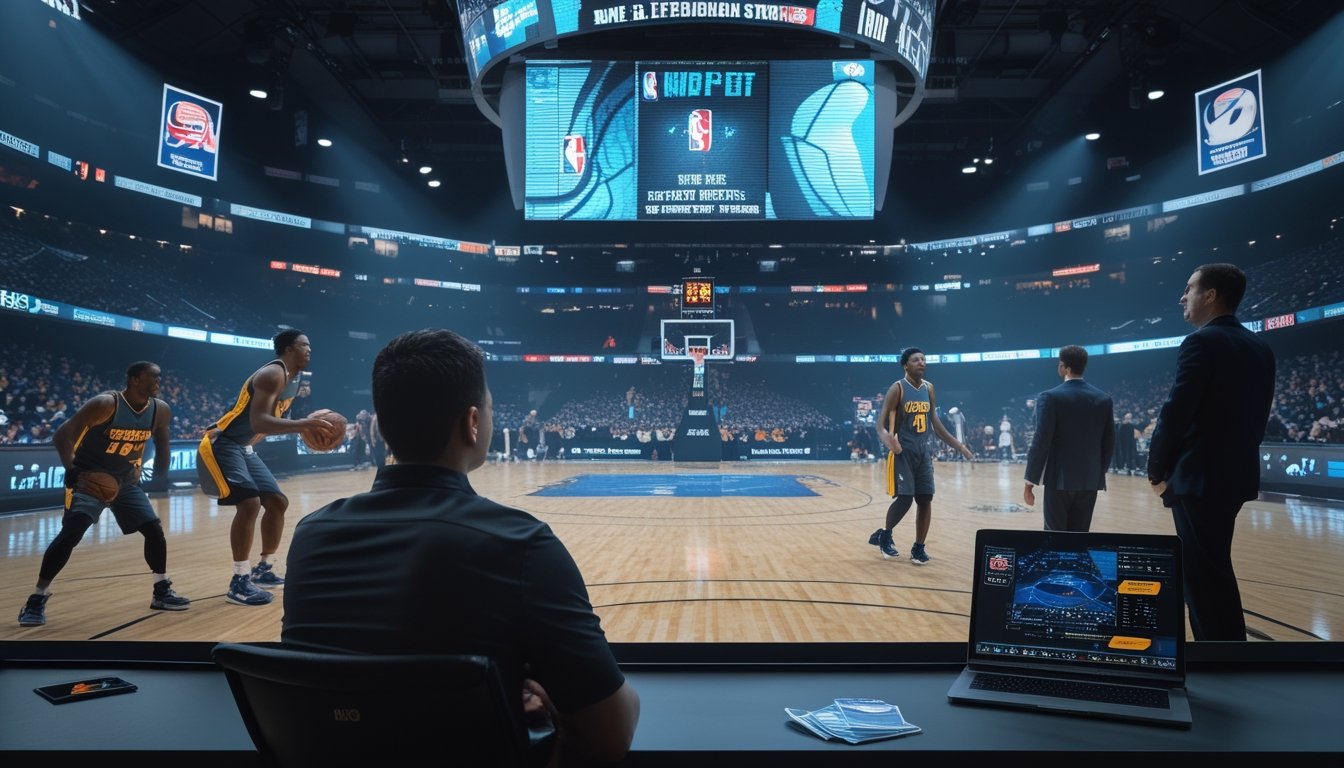 Pertandingan bola basket berlangsung sengit pada kuartal keempat dengan seorang analis mengamati jalannya pertandingan melalui perangkat digital.