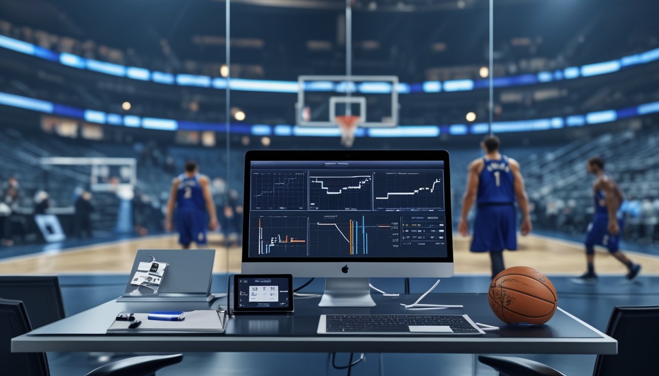 Analis olahraga dan staf medis meninjau data performa serta kondisi cedera pemain di ruang kerja dekat lapangan basket.