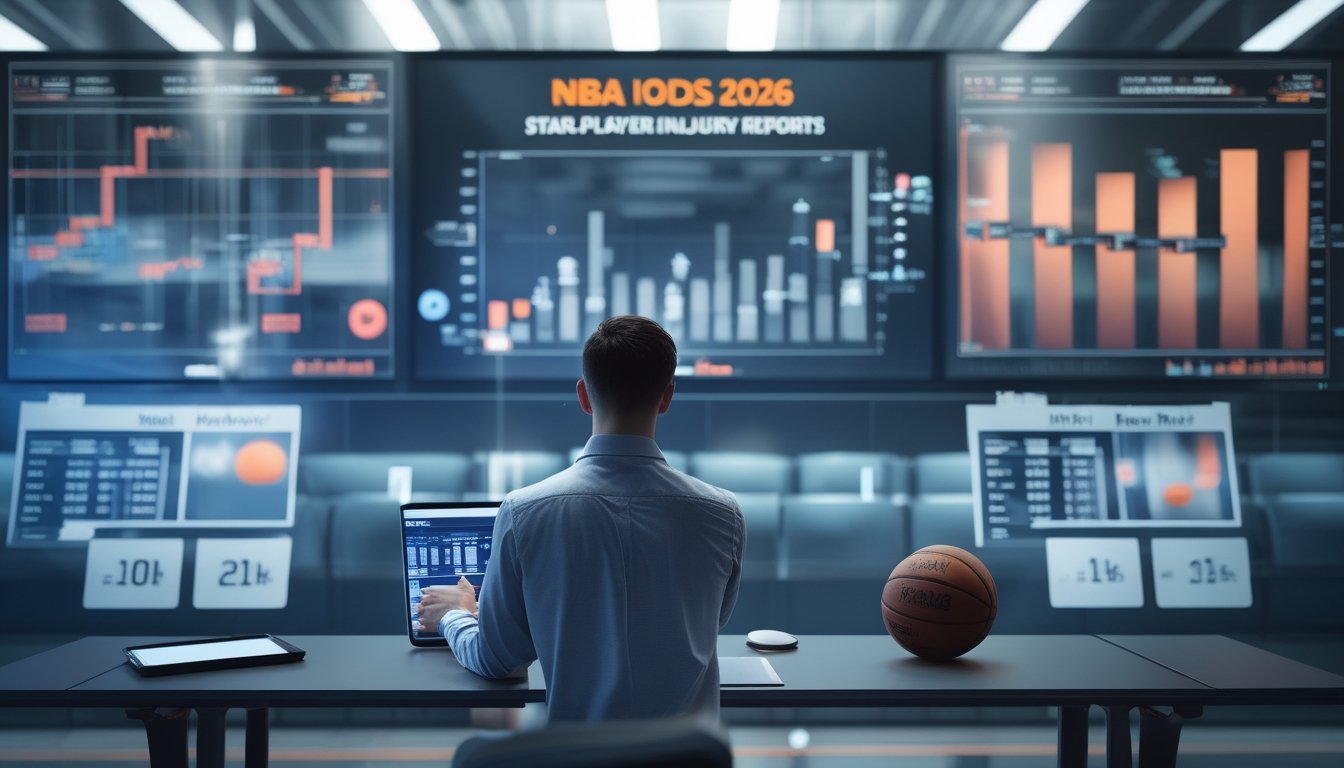 Analis olahraga mempelajari grafik tren dan indikator cedera pemain bintang di ruang kerja modern bertema bola basket.
