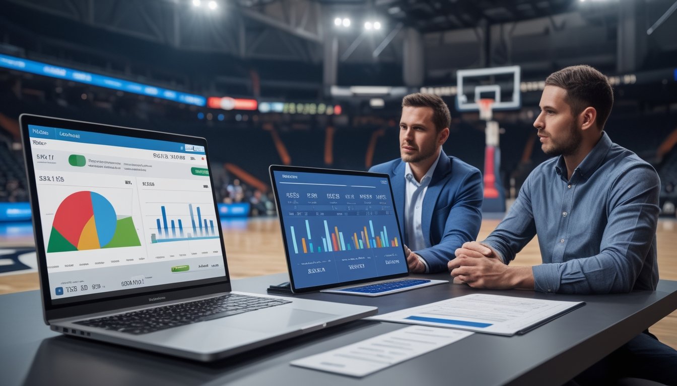 Dua analis mengevaluasi data poin dan rebound pemain NBA di ruang kerja dekat lapangan basket.