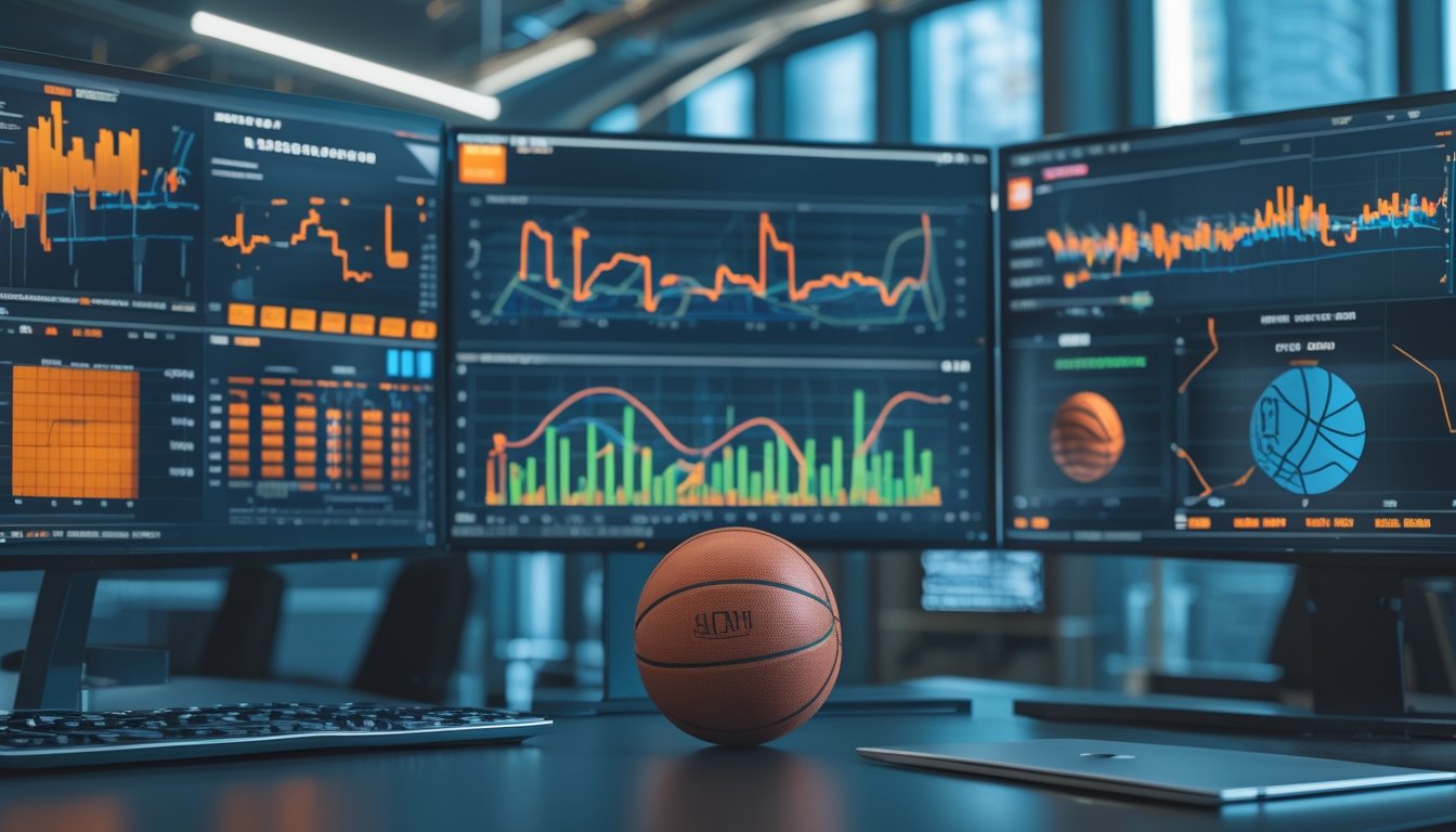 Analis olahraga menganalisis grafik statistik dan peta pergerakan pemain basket di ruang kerja modern.