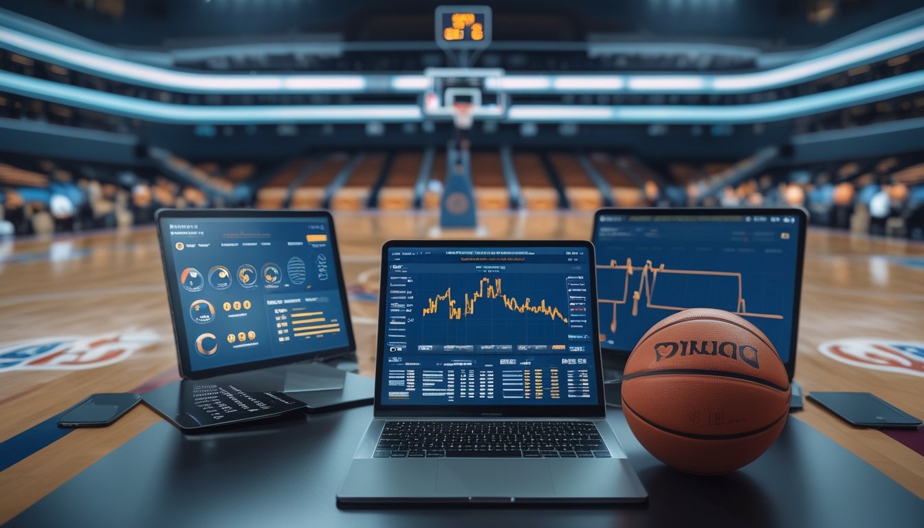 Tim analis bola basket bekerja bersama dengan data dan grafik statistik untuk memprediksi performa pertandingan NBA.