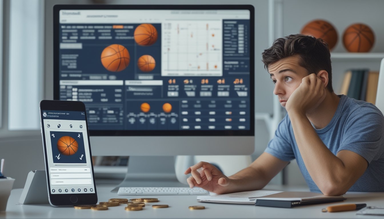 Pemula terlihat bingung saat membandingkan statistik basket dan peluang taruhan di meja kerja.