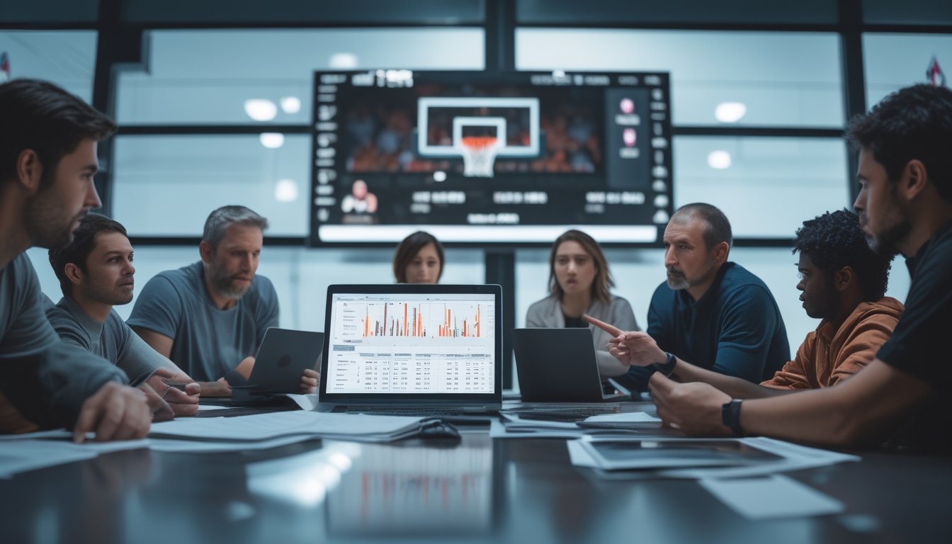 Sekelompok pemula menganalisis statistik pertandingan NBA di meja kerja sambil tampak bingung dan ragu.