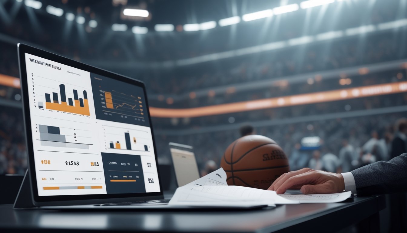 Meja kerja analisis olahraga dengan bola basket, laptop, dan grafik perbandingan margin keuntungan taruhan.