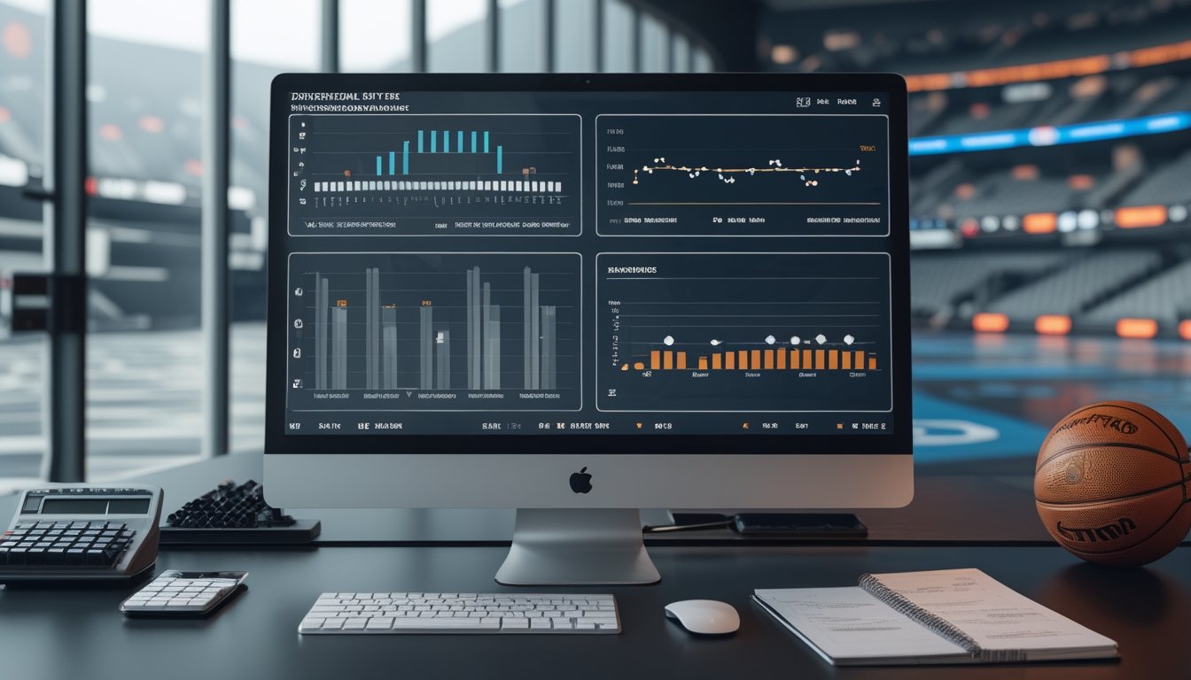 Meja analisis olahraga dengan bola basket dan layar yang menampilkan grafik perbandingan margin taruhan.