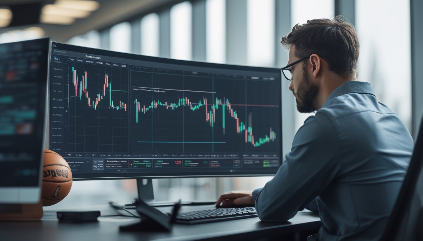 Seorang analis mengamati grafik perubahan odds olahraga secara real-time di beberapa layar, dengan bola basket di meja.