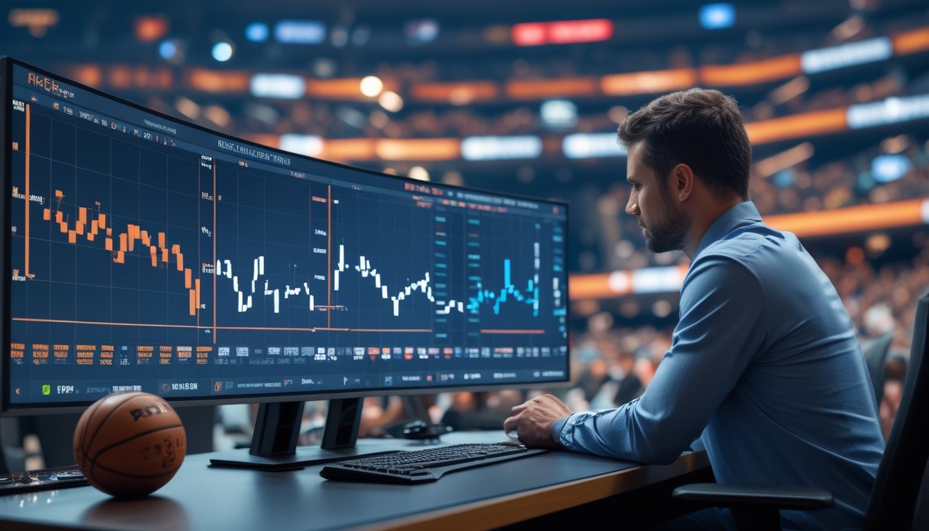 Analis memantau grafik perubahan odds pertandingan basket secara real-time di layar komputer.
