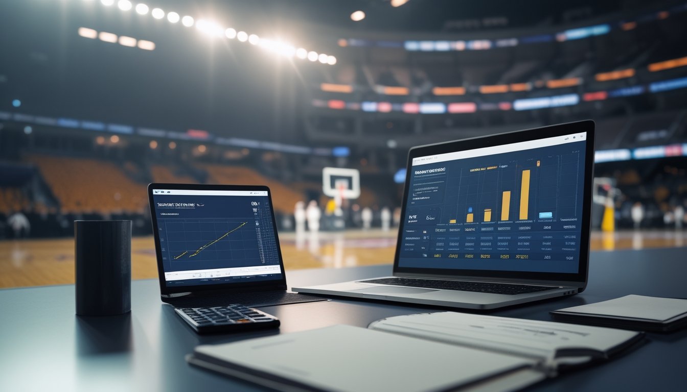 Meja kerja dengan kalkulator, laptop analitik, dan lembar perencanaan keuangan, dengan pertandingan basket yang tampak samar di latar belakang.