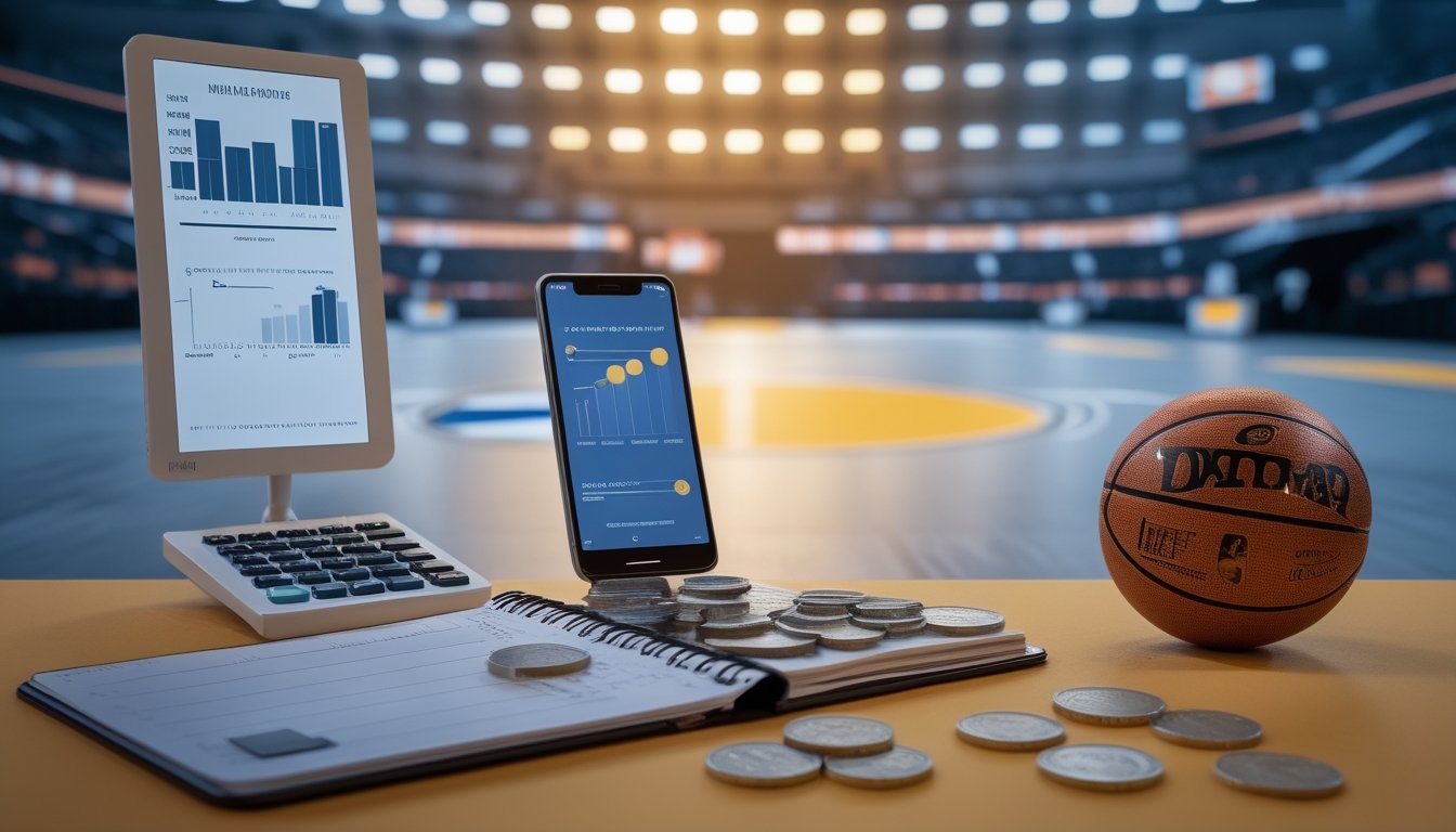 Meja kerja dengan kalkulator, buku perencanaan keuangan, ponsel berisi grafik abstrak, token anggaran, dan bola basket.