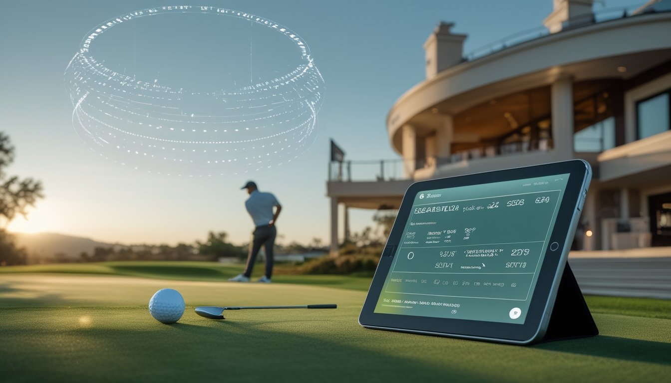 Lapangan golf profesional dengan pegolf, tablet digital, dan elemen analisis data.