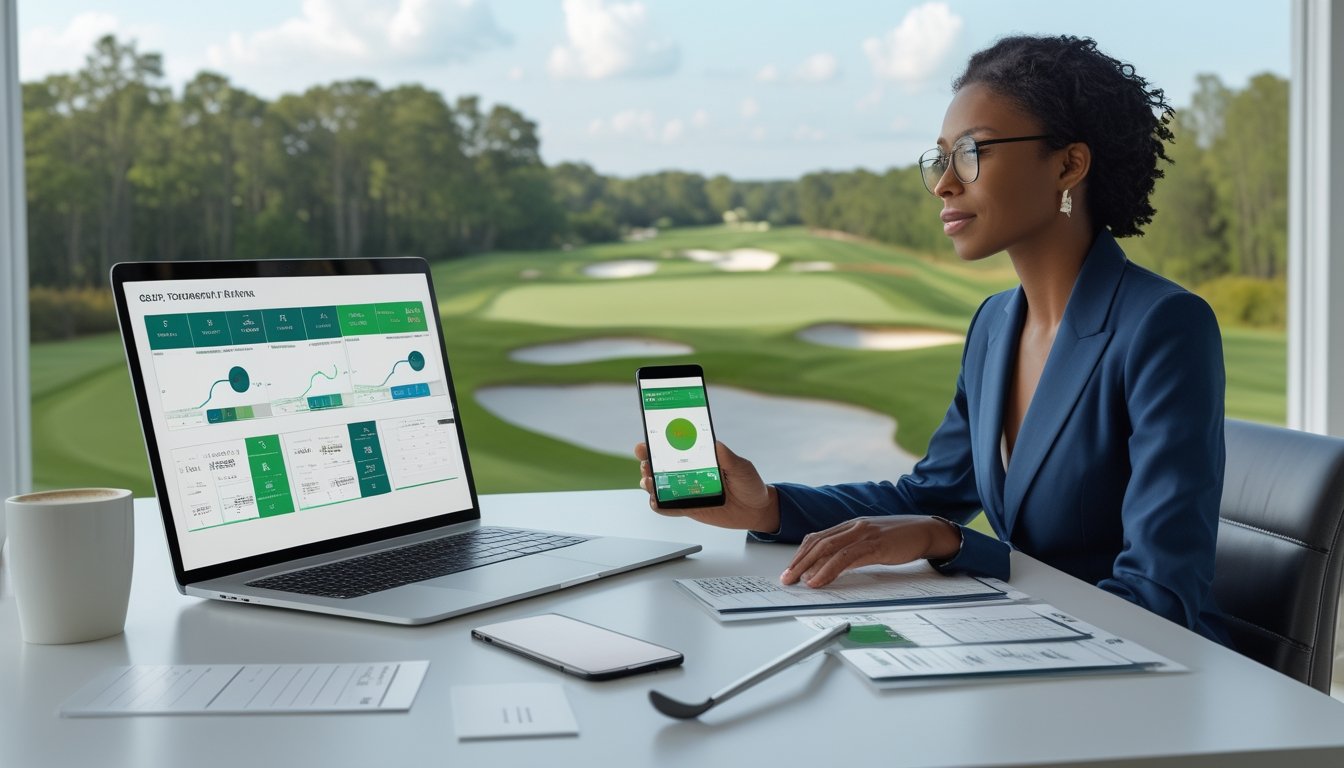 Seorang profesional meninjau data turnamen golf menggunakan laptop di ruang kerja dengan pemandangan lapangan golf.