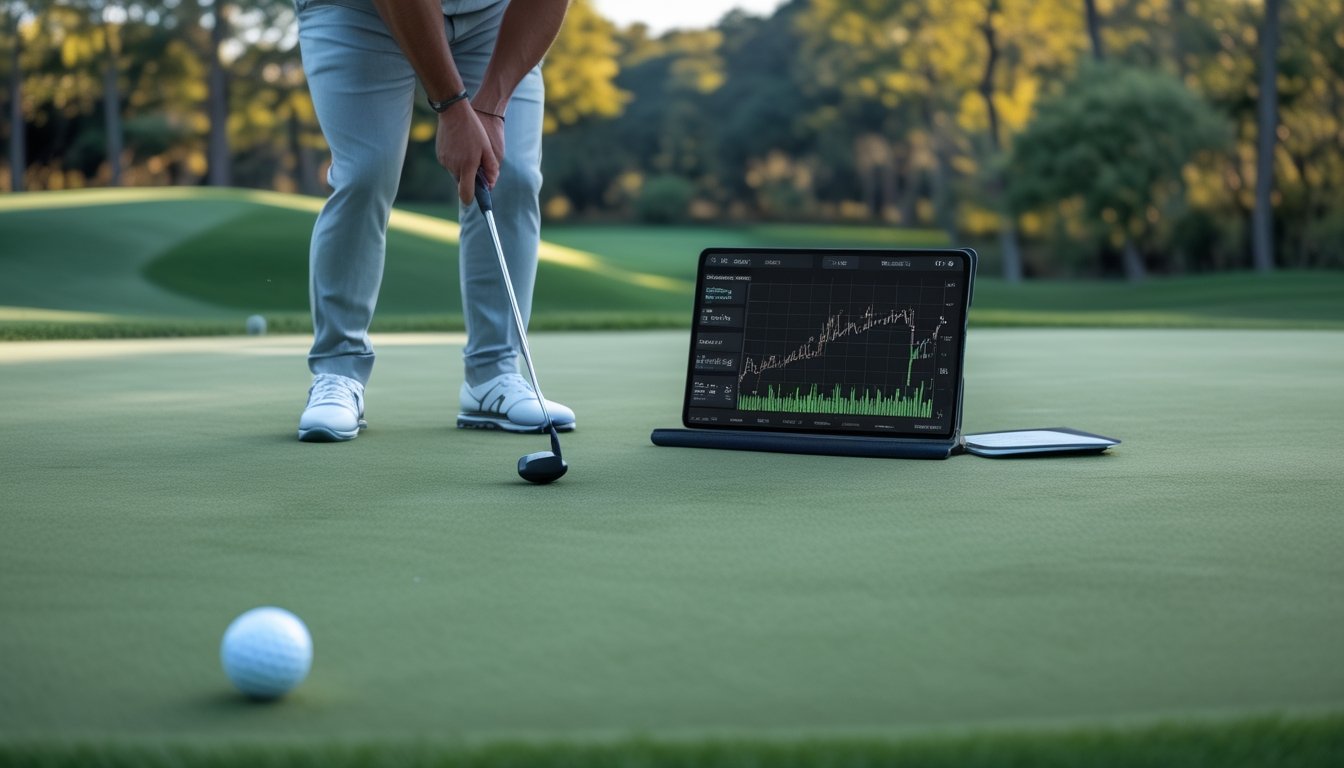 Pegolf menganalisis kondisi putting green dengan bola, tongkat golf, dan perangkat berisi grafik.