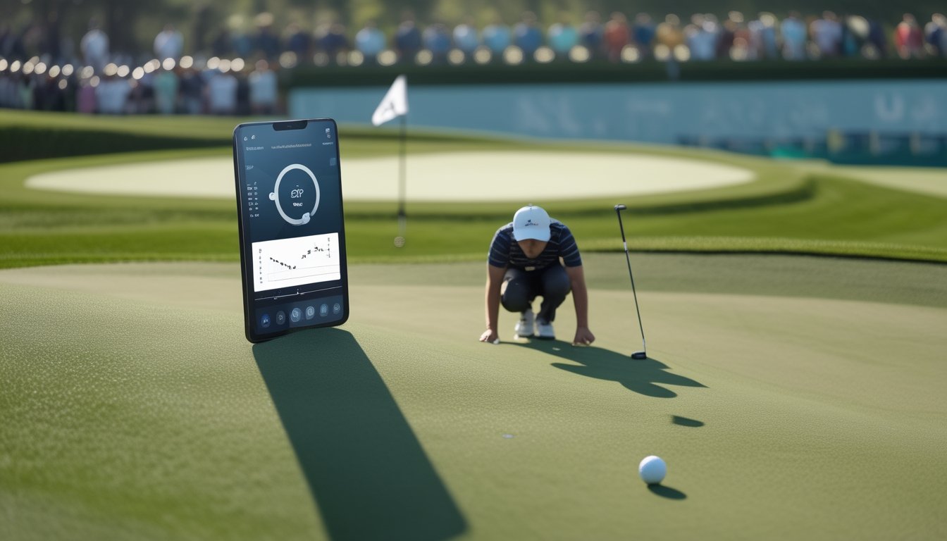 Seorang pegolf membaca kemiringan green dengan analis yang mengamati menggunakan tablet di dekat lubang.