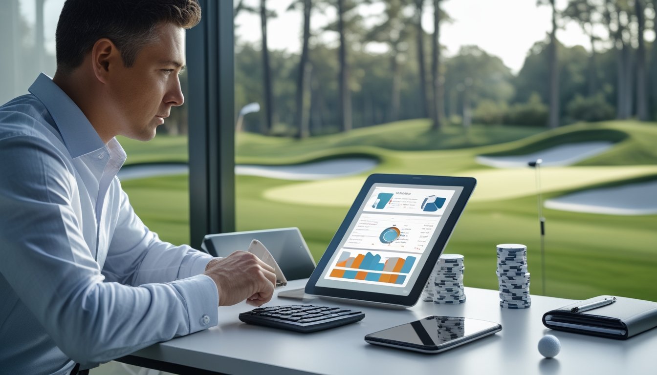 Seseorang merencanakan anggaran taruhan golf secara disiplin di meja dengan kalkulator, tablet, dan perlengkapan golf.