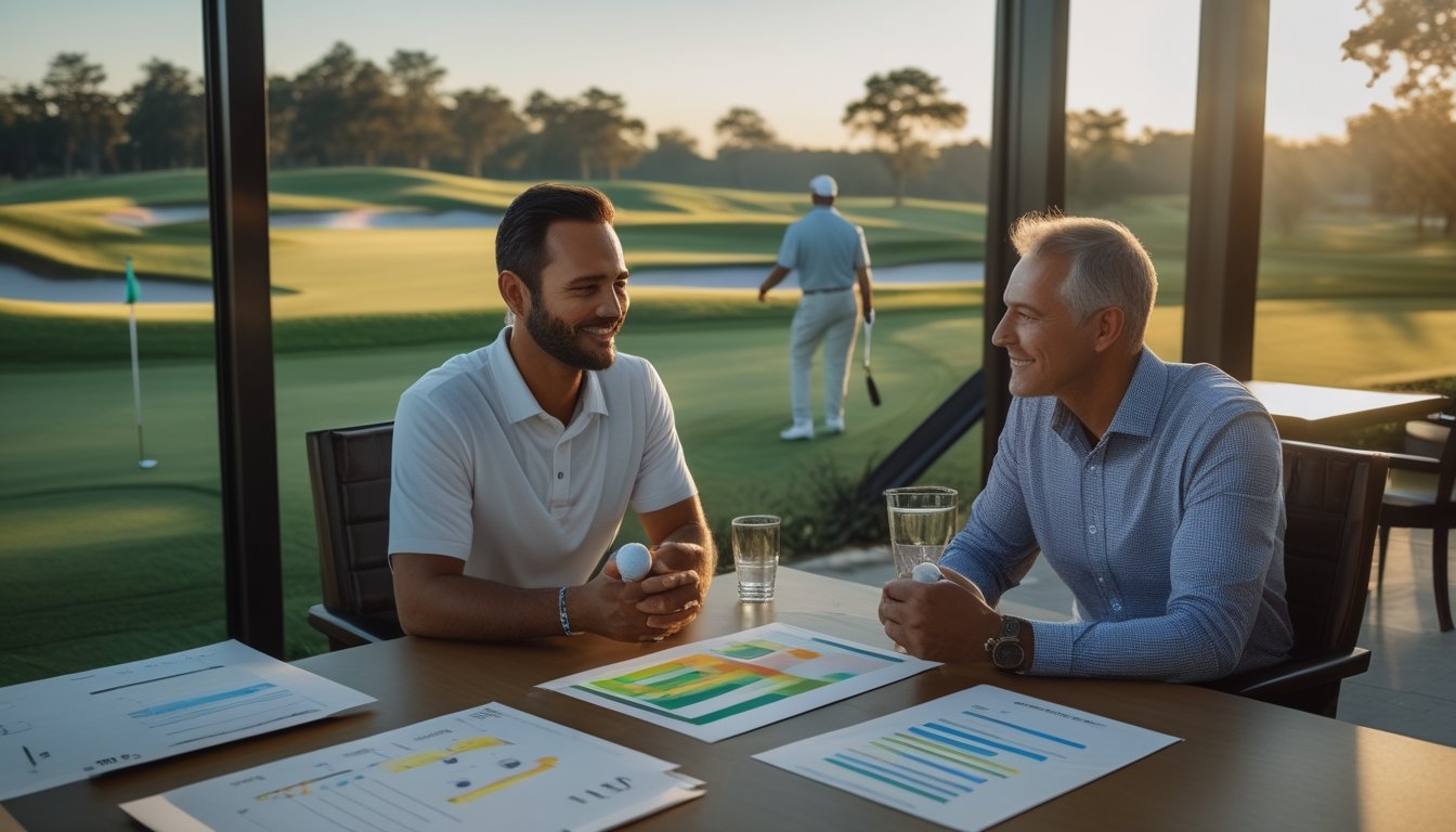 Dua analis membahas strategi golf di meja sambil mengamati lapangan golf pada pagi hari.