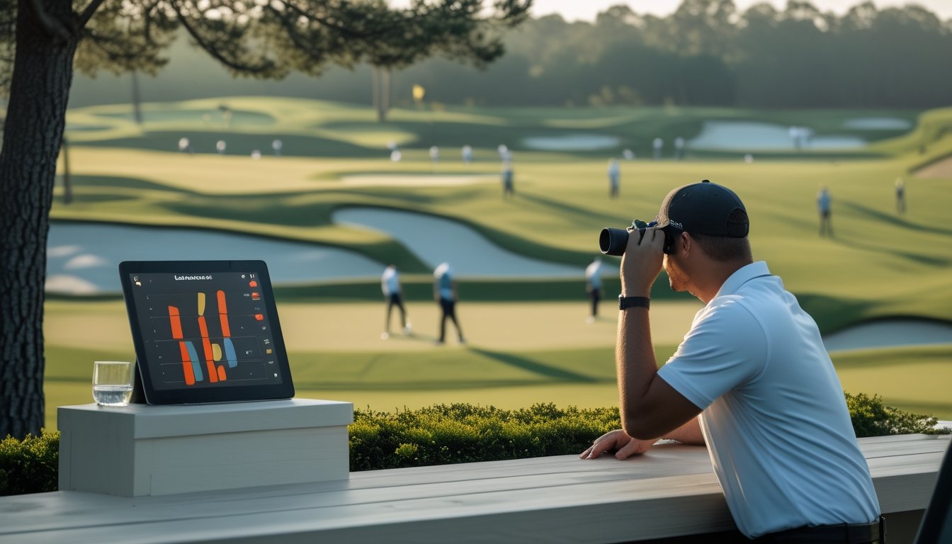 Pegolf bersiap melakukan tee shot pada putaran pertama turnamen, sementara seorang pengamat memperhatikan jalannya pertandingan dari sisi lapangan.