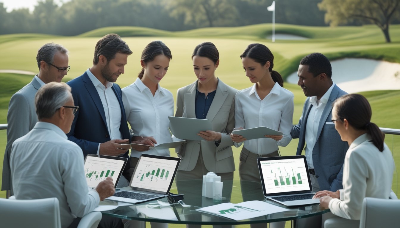 Sekelompok analis membandingkan data abstrak pada perangkat digital di lapangan golf.