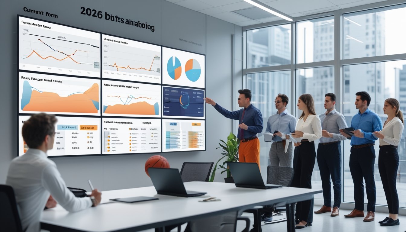 Tim analis olahraga meninjau grafik performa pemain di ruang kerja modern.