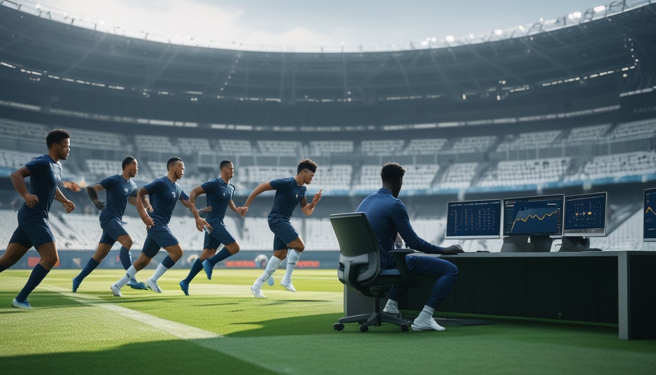 Analis olahraga mengamati data performa pemain sepak bola saat sesi latihan di stadion.