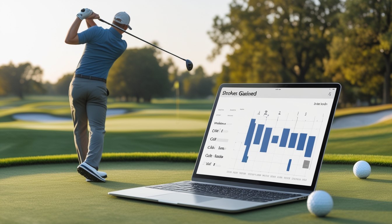 Pegolf sedang berlatih di lapangan dengan perangkat yang menampilkan grafik analisis performa.