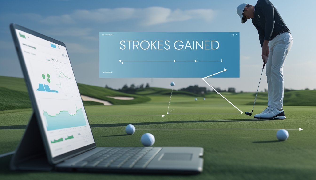 Pegolf bersiap melakukan pukulan pendekatan di lapangan golf dengan tablet analitik di dekatnya.