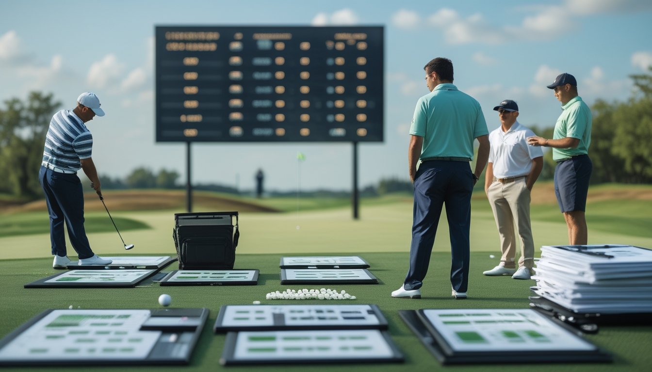 Pegolf bersiap melakukan pukulan di lapangan kejuaraan sementara analis dan penonton meninjau data pertandingan.