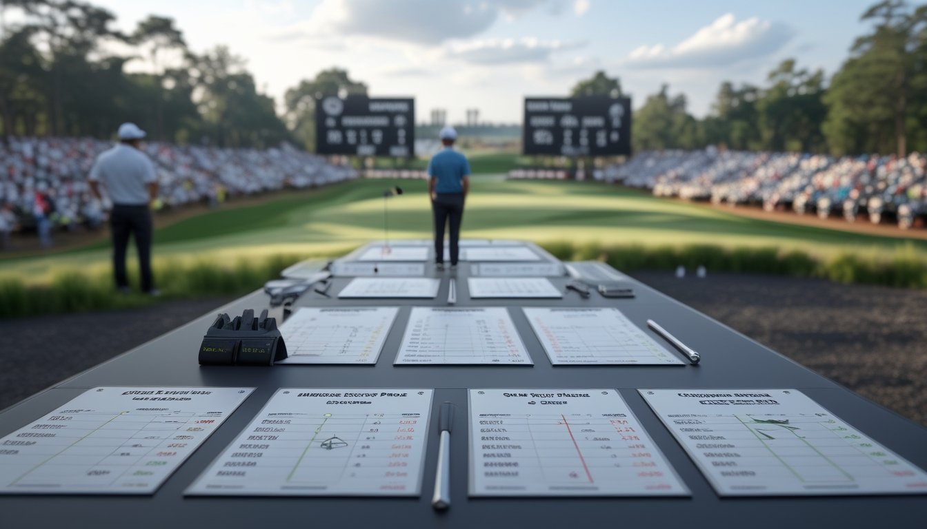 Analis dan penggemar golf mempelajari statistik dan kemungkinan hasil pertandingan di lapangan golf kejuaraan.