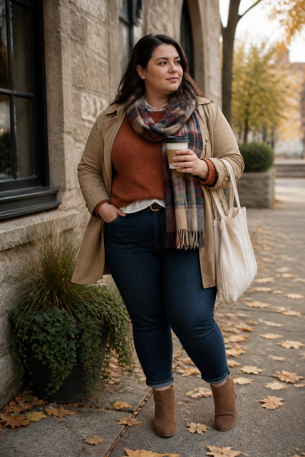 A plus-size person wearing a layered autumn outfit with a sweater, jacket, dark bottoms, and ankle boots outdoors near seasonal foliage.