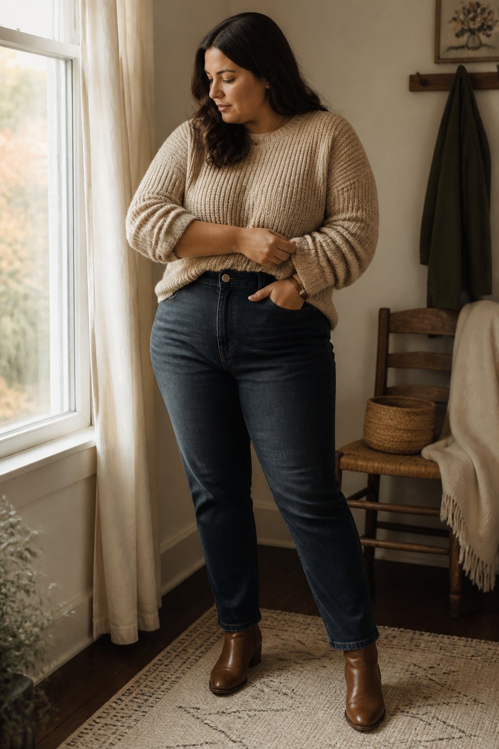 A plus-size woman wears a chunky knit sweater with high-waisted dark-wash jeans in a softly lit home.