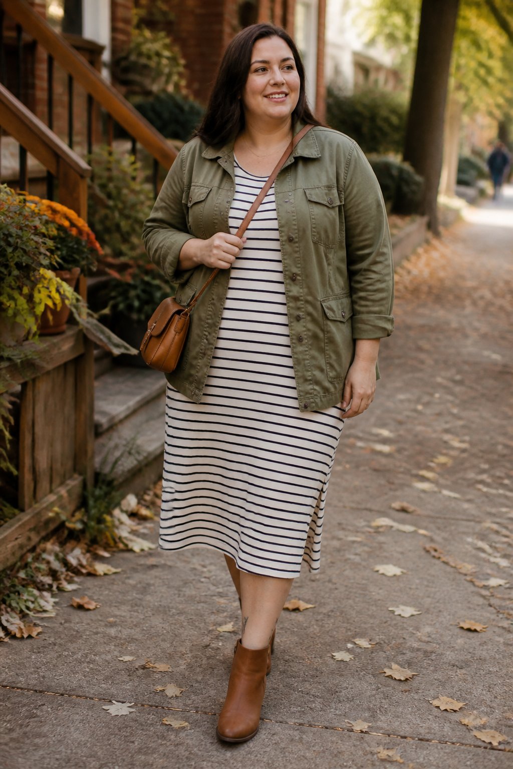 A plus-size woman wears an olive utility jacket over a striped midi dress on an autumn street.