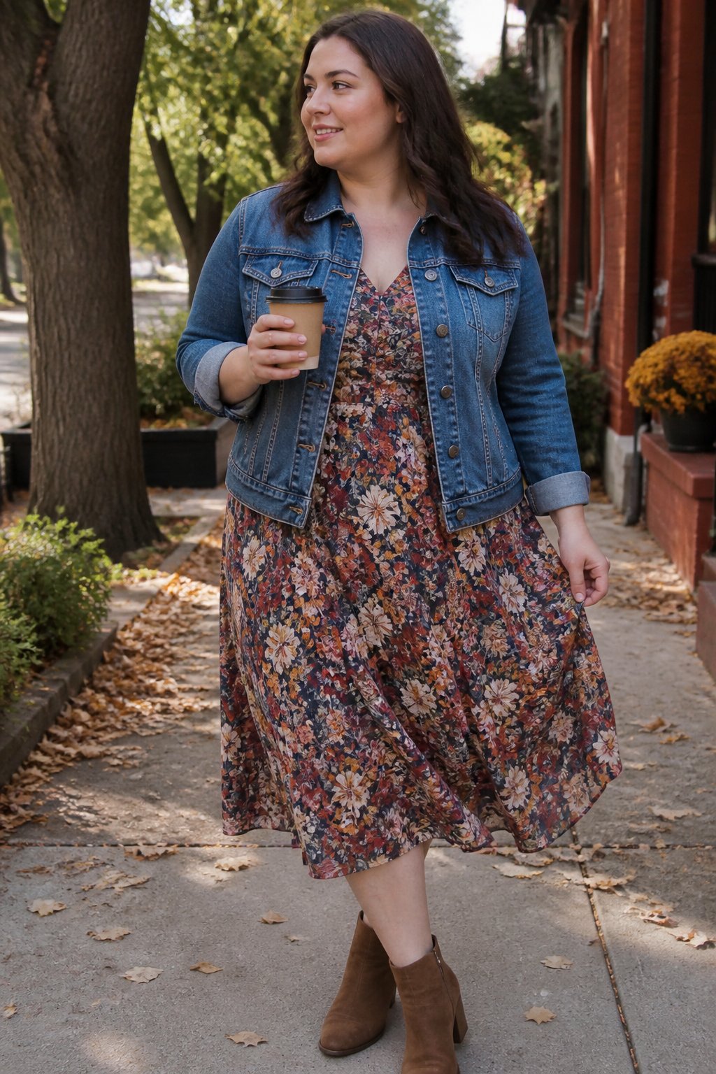 A plus-size woman wears a denim jacket over a floral midi dress outdoors in an autumn setting.