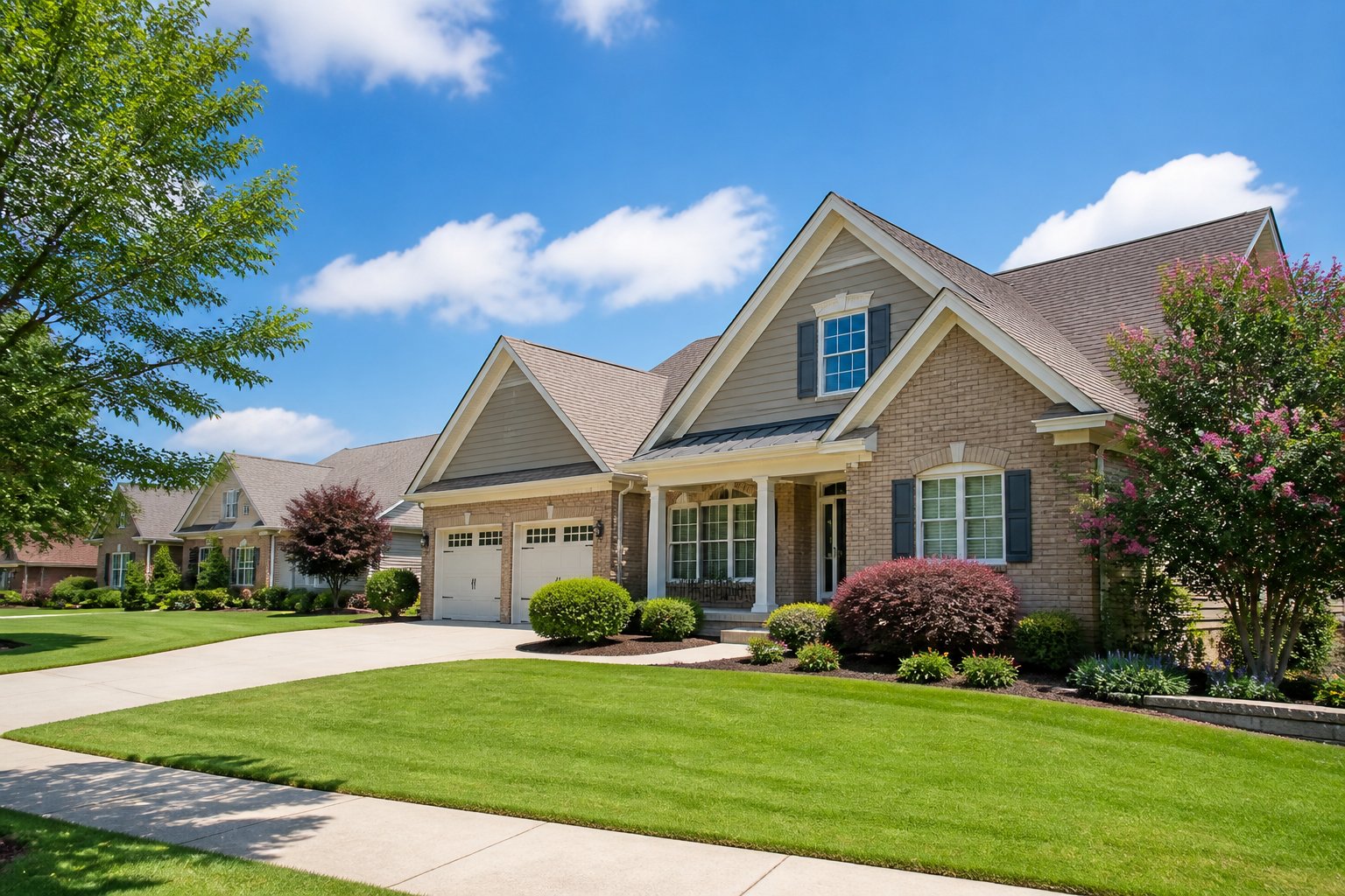 A well-maintained suburban home with a landscaped front yard on a quiet residential street.
